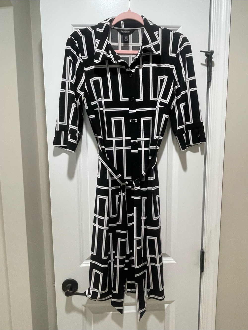 WHBM Black & White Geometric Shirt Dress with Belt